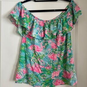 Lilly Pulitzer off the shoulder flamingo ruffle top sz L